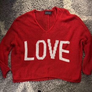 Wooden Ships Red V-Neck Sweater with White Love Design